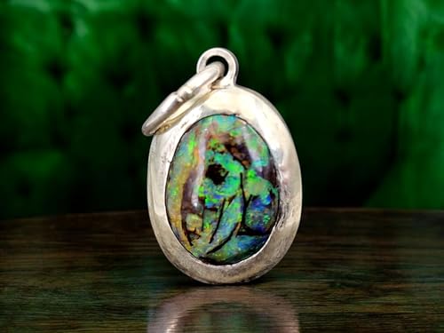 LeoLars-PABE Multicolor Churchwindow Boulder Opal Anhänger aus 925er Silber, Opal 11,5mm x 8,5mm, bunt, mit Muster wie Kirchenfenster, in Zargenfassung, Unikat, Handarbeit, Unisex