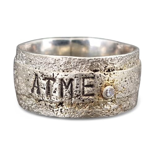 LeoLars-PABE Sprüche Ring Atme aus 925er Silber, Gr. 63 (20), mit Struktur und Diamant in Zargenfassung, Unikat, Unisex, Handarbeit