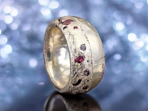 LeoLars-PABE Sandguss Chaos Design Ring aus 925er Silber, massiv, Größe 54 (17,2), verschieden farbige Saphiren, halbpoliert, halb Sandguss Oberfläche, Nr.135, Unikat, Handarbeit