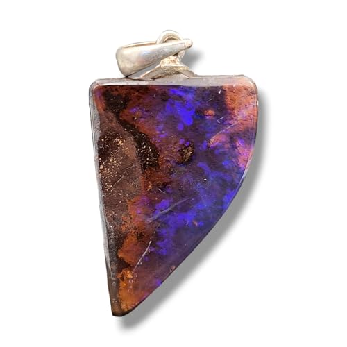 wunderschöner Boulder Opal Anhänger mit 925er Silber Stiftöse, Opal mit Lila-rosa Opalschicht und Pinnfire in blau und grün aus der Tiefe, Maße. 21,7mm x 15mm x 5,2mm, Unikat, Handgeschliffen