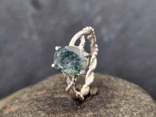 LeoLars-PABE Zarter verspielter Moosachat Design Ring aus 925er Silber, Gr.56-57 (18), mit schönem Innenleben des facettiertem Moosachat, Nr.0101, Unikat, Handarbeit