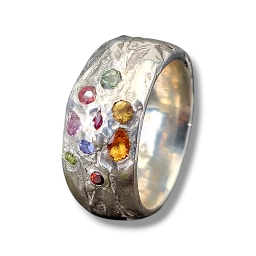 LeoLars-PABE Kräuterblätter Design 420 Ring aus 925er Silber, Größe 58 (18,5), verschiedenfarbige eingeriebene Saphiren, Massiv, Unikat, liebevolle Handarbeit, Maße Ring. 25mm x 24,5mm x 10mm