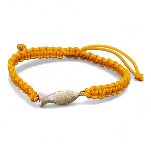 LeoLars-PABE Dunkelgelbes Makramee Armband mit Sandguss Schlickfisch aus 925er Silber, Umfang von 18-22cm, Unikat, Handarbeit
