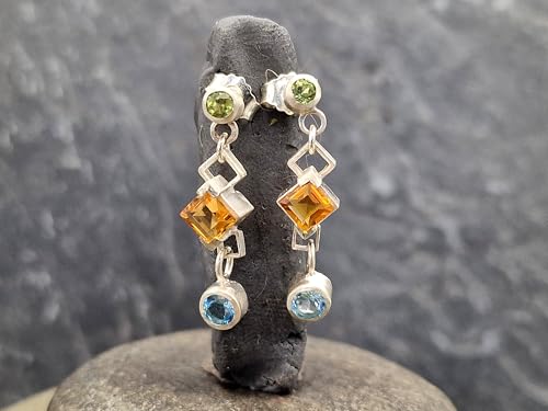 Design Ohrhänger baumelnd mit Stecker aus 925er Silber mit Peridot, Citrin und Blautopas in Zargenfassung, Unikat, Handarbeit