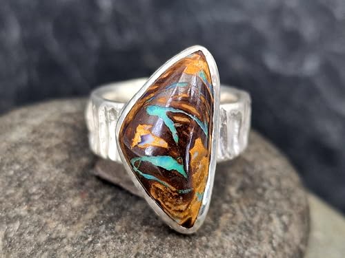 LeoLars-PABE Boulder Opal Design Ring aus 925er Silber, grob strukturierte Oberfläche, Opal grünes Opalfeuer aus Opaladern, Größe: 57-58 (18,3), Unikat, Handarbeit