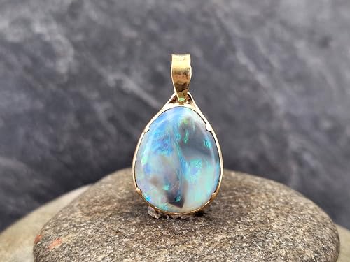 LeoLars-PABE Lightning Ridge Opal Anhänger aus 585er Gelbgold, Opal - Semi Chrystal mit blau-grünem Opalfeuer, 18,2x14,2mm, beidseitig, Unikat, Handarbeit