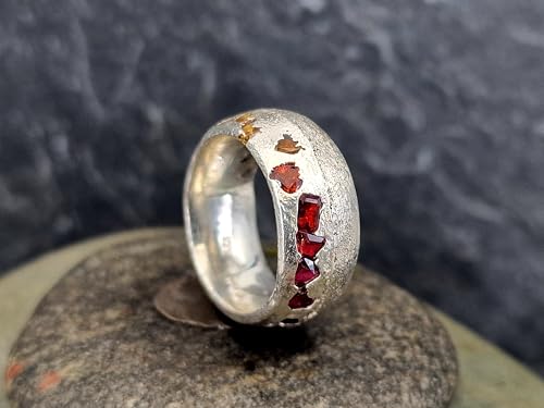 LeoLars-PABE Design Chaos Sandgus Ring, Gr.56(18), aus 925er Silber mit echten eingegossenen rotem, orangen und gelben Saphiren, halb und halb poliert und strukturiert, Nr.141, Unikat, Handarbeit