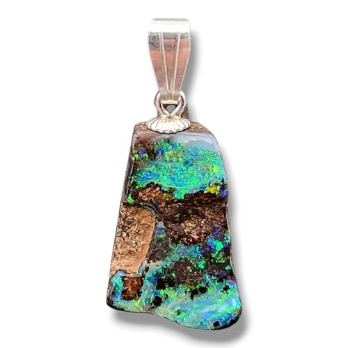 knalliger Boulder Opal Anhänger mit 925er Silber Stiftöse, neben Muttergestein herrliche intensive Opalschicht mit mehrfarbigem Opalfeuer, Anhängermaße: 23mm x 12,3mm x 6,8mm, Unikat, Handgeschliffen