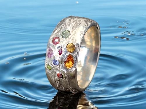 LeoLars-PABE Kräuterblätter Design 420 Ring aus 925er Silber, Größe 58 (18,5), verschiedenfarbige eingeriebene Saphiren, Massiv, Unikat, liebevolle Handarbeit, Maße Ring. 25mm x 24,5mm x 10mm