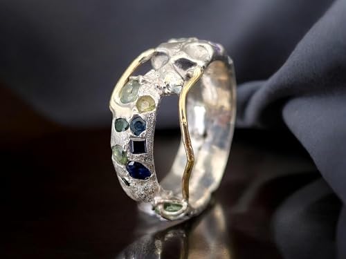 LeoLars-PABE Chaos Sandguss Design Ring aus 925er Silber, Unisex, mit Golddraht Elementen und echten eingegossenen blauen und grünen Saphiren, Größe: 64-65 (20,5), Unikat, Handarbeit