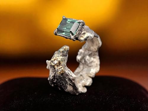 LeoLars-PABE Krasser offener Design Ring, Gr.57 (18,3), aus geschwärztem 925er Silber mit grünblauem Turmalin und 2 Labgrown Diamanten in 585er Gelbgoldfassung, Stein Optik, Unikat, Handarbeit
