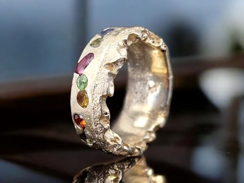 LeoLars-PABE Sandguss Design Chaos Ring im halbseitig zerstörtem Design aus 925er Silber mit echten eingegossenen Edelsteinen, Gr.55/56 (17,8), Nr.149, Unikat, Handarbeit