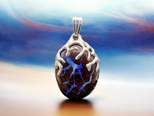 LeoLars-PABE Beideitiger Tribal Design Anhänger mit Boulder Opal aus 925er Silber, Opal mit Opalblitzen in kräftig blau, Unikat, Handarbeit Anhängermaße: 27mm x 18,2mm x 9mm