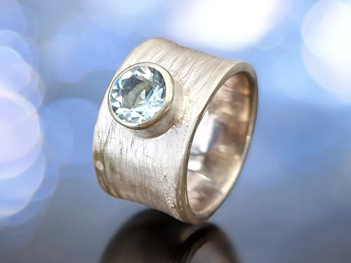 LeoLars-PABE Kräuter 420 Design Ring aus 925er Silber, mit blauem Aquamarin und echter Pflanzen Struktur, Größe 58 (18,5), Unikat, Handarbeit