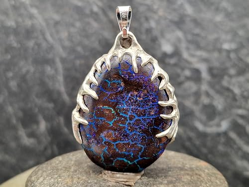 Herrlicher Boulder Opal Design Anhänger aus 925er Silber, Opal beidseitig, blau-grüne Opalnuß, Opaladergitter in blau oder grün, Tribaldesign, Unikat, Handarbeit, Anhängermaße: 35,7mm x 26,6mm x 8,7mm