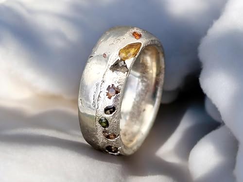 LeoLars-PABE Chaos Sandguss Design Ring, Größe 52 (16,7), aus 925er Silber mit echten verschiedenen farbigen Saphiren und teils typischer Sandguss Oberflächen Struktur Nr. 130, Unikat, Handarbeit