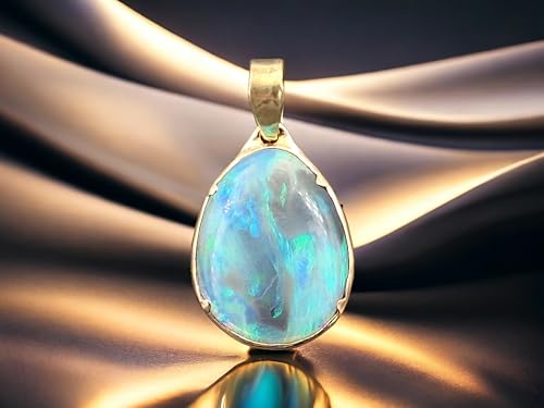 LeoLars-PABE Lightning Ridge Opal Anhänger aus 585er Gelbgold, Opal - Semi Chrystal mit blau-grünem Opalfeuer, 18,2x14,2mm, beidseitig, Unikat, Handarbeit