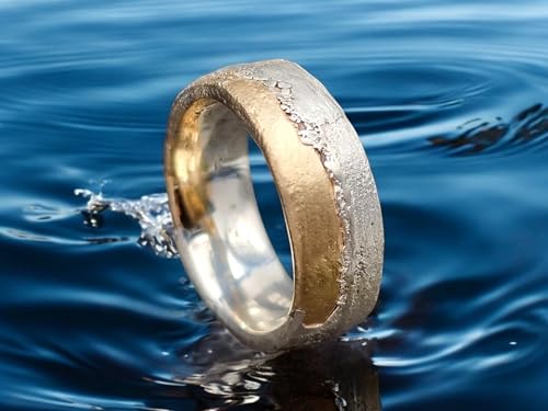 LeoLars-PABE Bicolor Sandguss Design Ring aus 925er Silber und 585er Gelbgold, angegossen, Sandguss Oberflächen Struktur, Unikat, Handarbeit, Ringgröße: 57 (18,5)