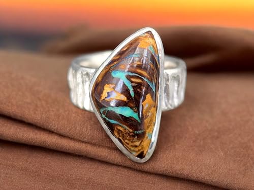 LeoLars-PABE Boulder Opal Design Ring aus 925er Silber, grob strukturierte Oberfläche, Opal grünes Opalfeuer aus Opaladern, Größe: 57-58 (18,3), Unikat, Handarbeit