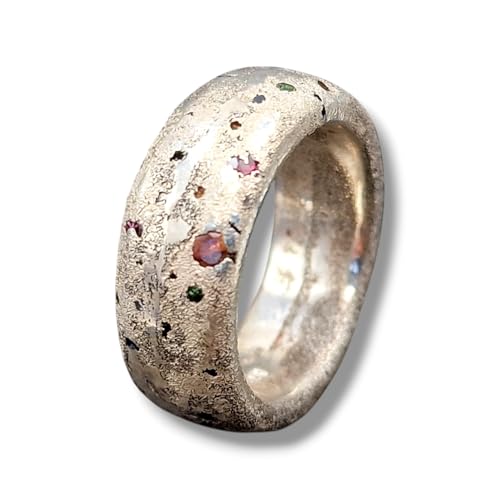 LeoLars-PABE Sandguss Design Chaos Ring aus 925er Silber, Größe 54 (17,5) mit echten verschiedenen eingegossenen Edelsteinen, Sandguss typischer Oberflächenstruktur, Unikat, Handarbeit