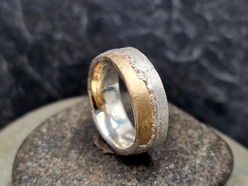 LeoLars-PABE Bicolor Sandguss Design Ring aus 925er Silber und 585er Gelbgold, angegossen, Sandguss Oberflächen Struktur, Unikat, Handarbeit, Ringgröße: 57 (18,5)