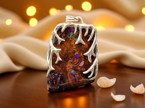 LeoLars-PABE Großer Boulder Opal Design Anhänger aus 925er Silber, Tribal Design, beidseitig, Unisex, Opal mit tollem Muster und partiellem grün-blauem Opalfeuer, Unikat, Handarbeit