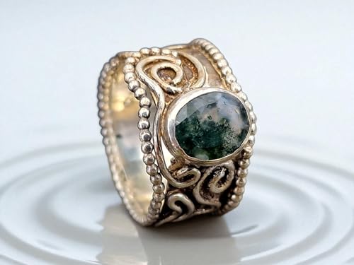 LeoLars-PABE Verspielter breiter Moosachat Design Ring Gr. 62 (19,7), aus 925er Silber, verschnörkelt, Moosachat, facettiert mit schönem Innenleben, Nr. 0100, Unikat, Handarbeit