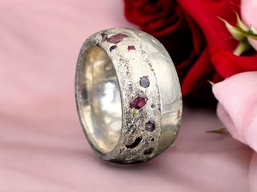LeoLars-PABE Sandguss Chaos Design Ring aus 925er Silber, massiv, Größe 54 (17,2), verschieden farbige Saphiren, halbpoliert, halb Sandguss Oberfläche, Nr.135, Unikat, Handarbeit