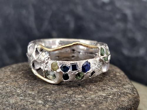 LeoLars-PABE Chaos Sandguss Design Ring aus 925er Silber, Unisex, mit Golddraht Elementen und echten eingegossenen blauen und grünen Saphiren, Größe: 64-65 (20,5), Unikat, Handarbeit