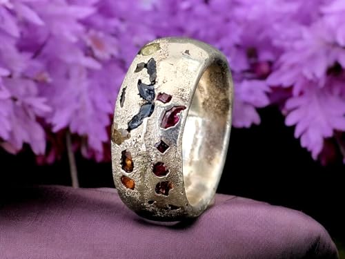 LeoLars-PABE Sandguss Design Chaos Ring, Größe 60 aus 925er Silber mit eingegossenen verschieden farbigen Saphiren, massiv, Nr.131, Unikat, Handarbeit