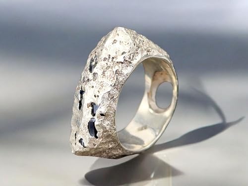 LeoLars-PABE Sandguss Felsendesign Saphir Ring, Gr. 59 (18,8), aus 925er Silber, Felsenoptik mit Saphiradern, blaue Saphire eingegossen, Nr.150, Unikat, Handarbeit
