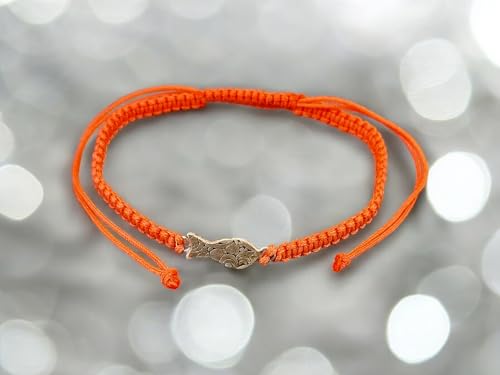 LeoLars-PABE Neon Orange Makramee Armband mit geprägtem Schlickfisch aus 925er Silber, Umfang zwischen 16-24cm, Unikat, Handarbeit