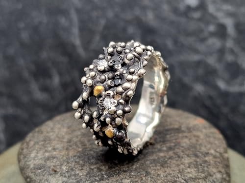 LeoLars-PABE Diamant und Spinell Design Ring aus 925er Silber mit Feingold Nuggets, zwei weiße Diamanten, 3 schwarze Spilelle, Bubble Design, Größe: 63 (20), Unisex, Unikat, Handarbeit