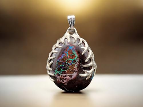 Herrlicher Boulder Opal Design Anhänger aus 925er Silber, Opal beidseitig, blau-grüne Opalnuß, Opaladergitter in blau oder grün, Tribaldesign, Unikat, Handarbeit, Anhängermaße: 35,7mm x 26,6mm x 8,7mm