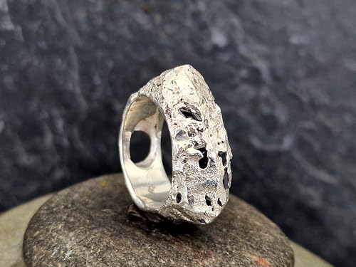 LeoLars-PABE Sandguss Felsendesign Saphir Ring, Gr. 59 (18,8), aus 925er Silber, Felsenoptik mit Saphiradern, blaue Saphire eingegossen, Nr.150, Unikat, Handarbeit