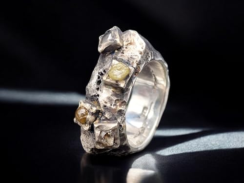 LeoLars-PABE Rohdiamant Design Sandguss Ring aus 925er Silber, Sandguss Oberflächenstruktur teilgeschwärzt, vier verschieden farbige Rohdiamant Würfel, Unikat, Handarbeit, Ringgröße 59 (18,7)