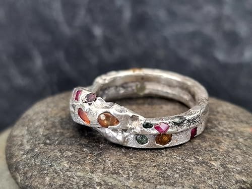 LeoLars-PABE Brechende Welle Design Chaos Sandguss Ring aus 925er Silber, mit echten eingegossenen Edelsteinen, Ringgröße: 63 (20), Unikat, Handarbeit