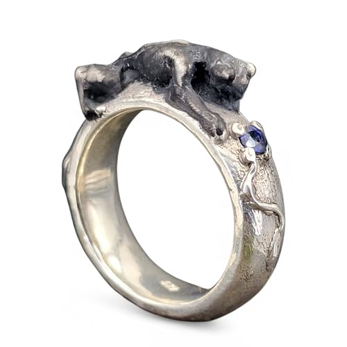 LeoLars-PABE Raubkatzen Design Ring, Gr. 59 (18,7), aus 925er Silber mit einem rund facettiertem blauen Saphir, teilgeschwärzt, Unikat, Handarbeit
