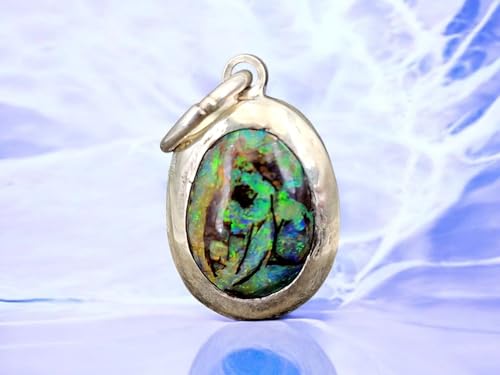 LeoLars-PABE Multicolor Churchwindow Boulder Opal Anhänger aus 925er Silber, Opal 11,5mm x 8,5mm, bunt, mit Muster wie Kirchenfenster, in Zargenfassung, Unikat, Handarbeit, Unisex