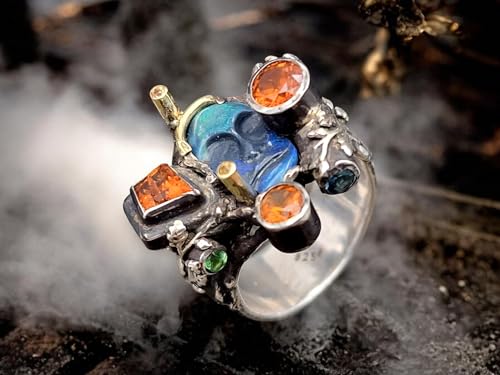 LeoLars-PABE Außergewöhnlicher Opal Edelstein Design Ring aus 925er Silber Größe 56 (18) mit schwarzem gecarvten Opal als Maske, mit verschiedenen Edelsteinen, Unikat, Handarbeit