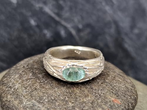 LeoLars-PABE Hellgrüner Turmalin Design Ring mit organischer Rindenstruktur aus 925er Silber Größe 57 (18,2) Unikat, Handarbeit