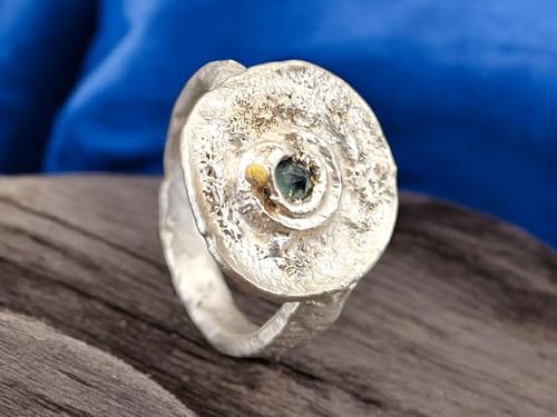LeoLars-PABE Grob geschmiedeter Parti Saphir Design Ring, Gr. 56 (18), aus 925er Silber und kleinem Goldakzent, organisch wild, Unikat, Handarbeit
