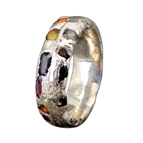 Design Sandguss Chaos Ring aus 925er Silber, mit echten eingegossenen Saphiren in verschiedenen Farben und Formen, Gr. 56 (18), typische Sandguss Oberflächen Struktur, Nr.144, Unikat, Handarbeit