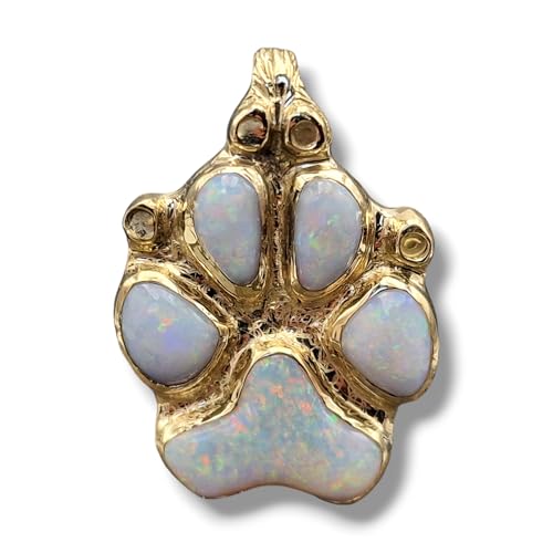 LeoLars-PABE Hunde Pfote Anhänger aus 585er Gelbgold mit herrlichen handgeschliffenen Multicolor Mintabie Opalen, Pfötchen, in Zargenfassung, Unikat, Handarbeit