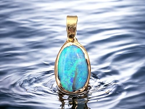 LeoLars-PABE Semi Chrystal Opal Anhänger aus Lightning Ridge mit Wellen Design Fassung aus 585er Gelbgold, Opal blau-grünes Opalfeuer, 13,8x9,2mm, Unikat, Handarbeit