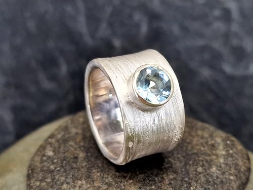 LeoLars-PABE Kräuter 420 Design Ring aus 925er Silber, mit blauem Aquamarin und echter Pflanzen Struktur, Größe 58 (18,5), Unikat, Handarbeit