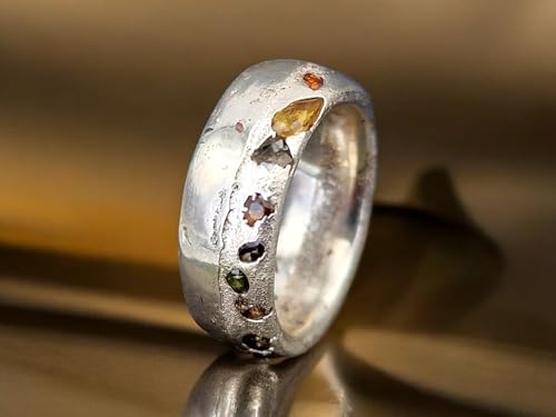 LeoLars-PABE Chaos Sandguss Design Ring, Größe 52 (16,7), aus 925er Silber mit echten verschiedenen farbigen Saphiren und teils typischer Sandguss Oberflächen Struktur Nr. 130, Unikat, Handarbeit