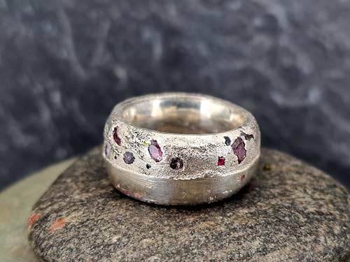 LeoLars-PABE Sandguss Chaos Design Ring aus 925er Silber, massiv, Größe 54 (17,2), verschieden farbige Saphiren, halbpoliert, halb Sandguss Oberfläche, Nr.135, Unikat, Handarbeit