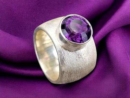 LeoLars-PABE Sehr massiver Amethyst Design Ring aus 925er Silber, fein schraffierte Oberflächen Struktur, Größe: 58-59 (18,7), Handarbeit, Unikat