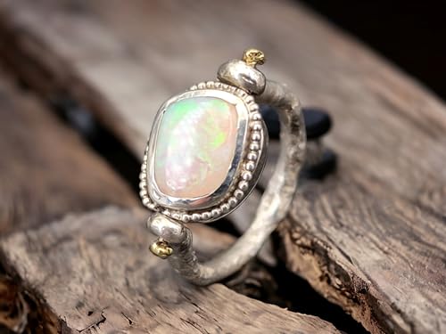 LeoLars-PABE Design Ring mit Wechselfassung zum drehen aus 925er Silber, mal weißer Opal, mal grüner Turmalin, für 2 Finger, Opal Gr.58, Turmalin Gr.54, Unika, Handarbeit